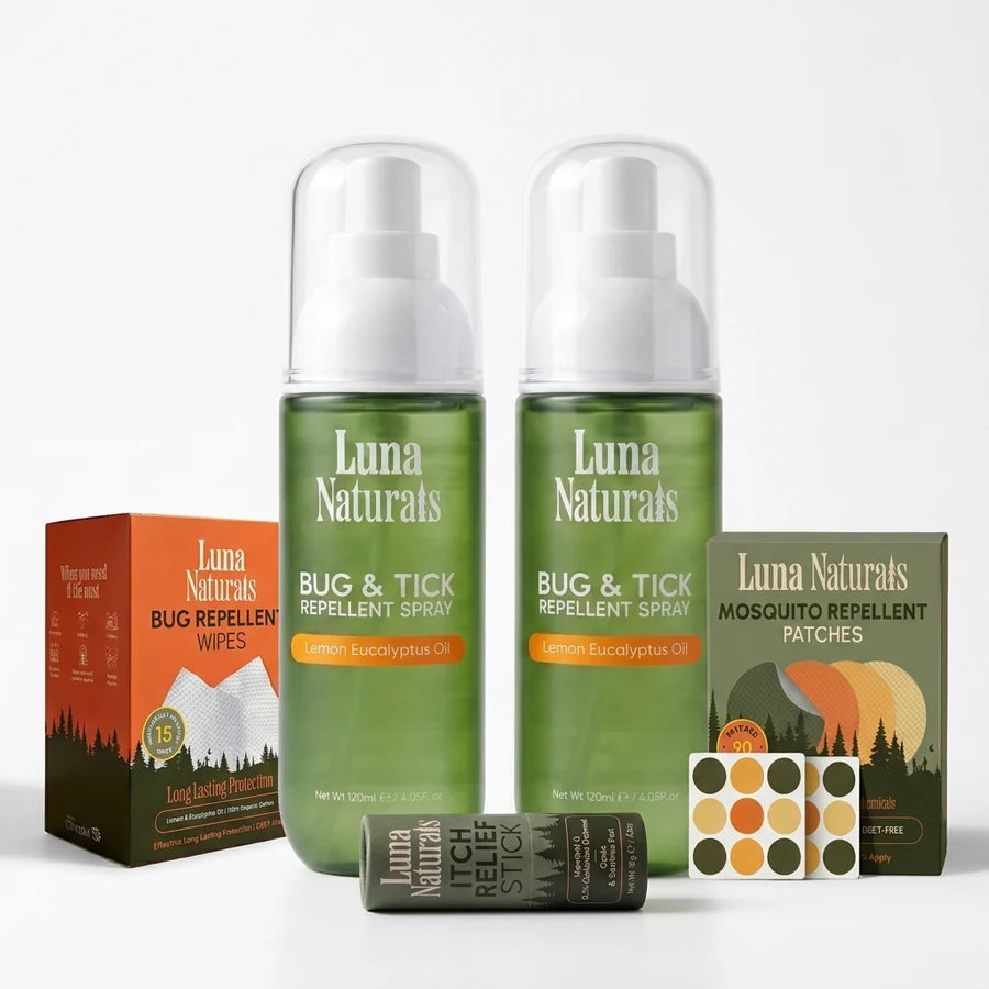 Bug Protection Family Bundle: two Luna Naturals Bug & Tick Repellent Sprays with bug repellent wipes, itch relief stick and mosquito patches